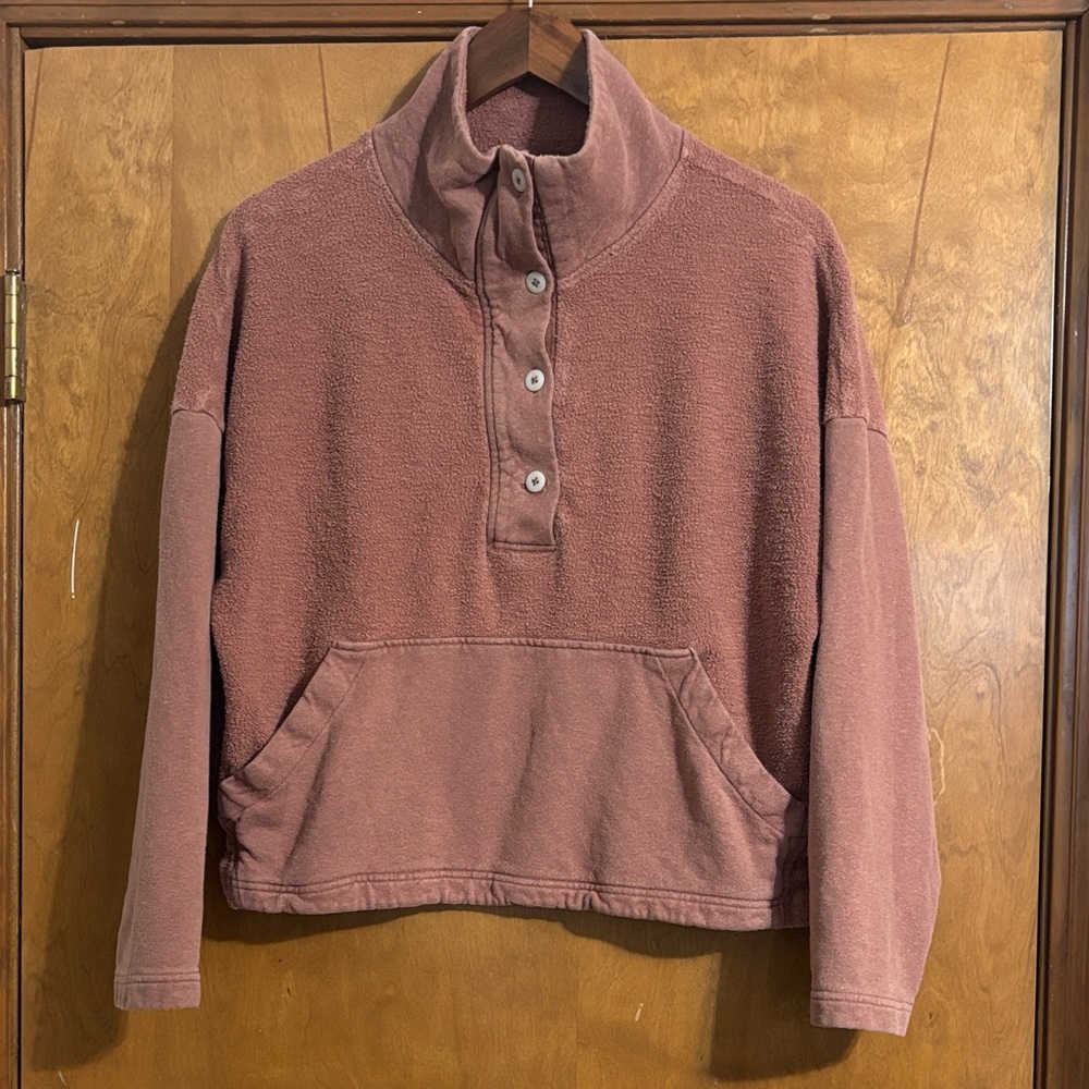 REI Cooperative hemp cotton blend mock neck 1/4 button sweater sweatshirt